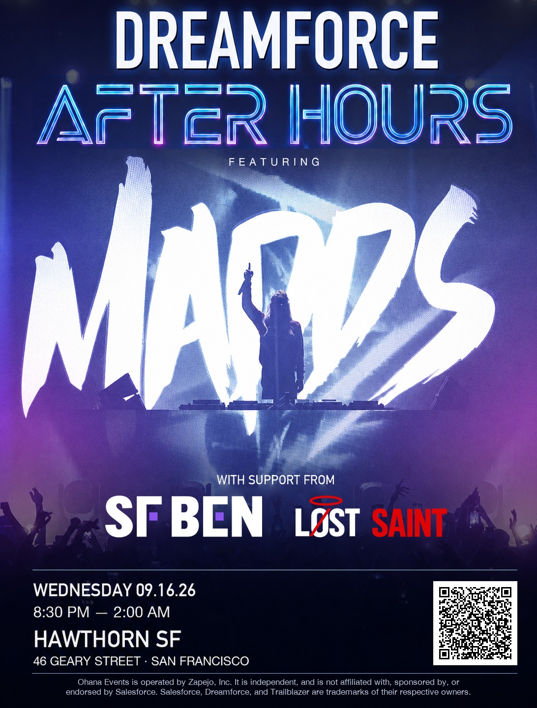 Afterhours flyer: MADDS with support from Salesforce Ben and Lost Saint, Wednesday September 16 2026, 8:30pm to 2am, Hawthorn SF, 46 Geary Street