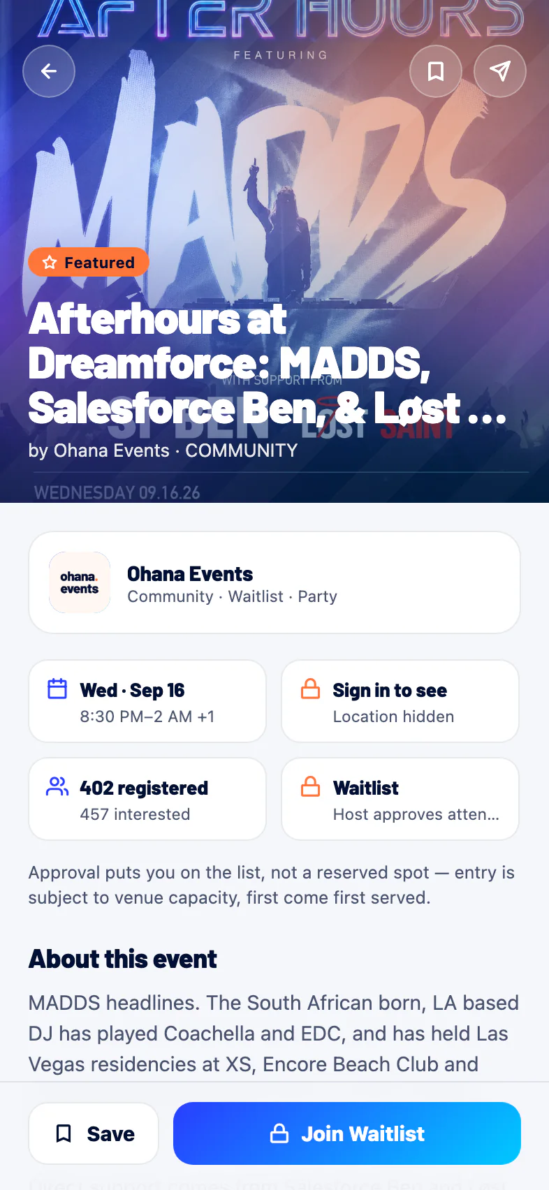 The Afterhours event page in Ohana Events, showing 402 registered and a waitlist the host approves