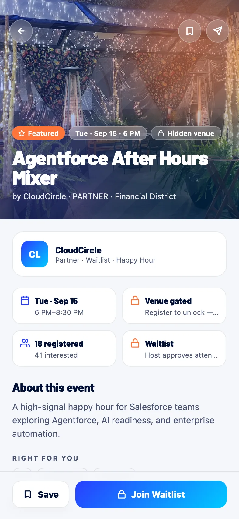An Ohana Events detail screen showing a partner-hosted event with a waitlist and a hidden venue