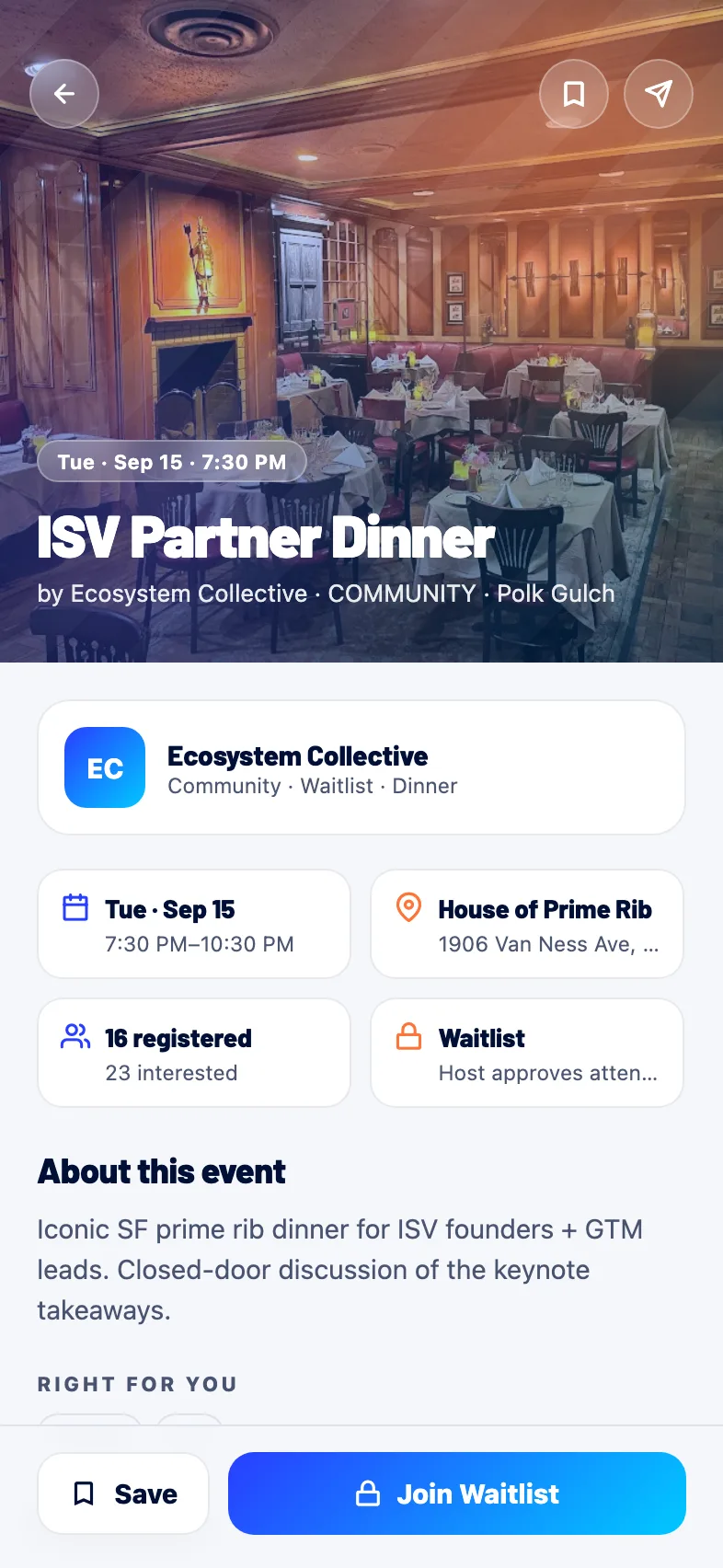 An event detail screen in Ohana Events with the venue, full address, and a map pin revealed