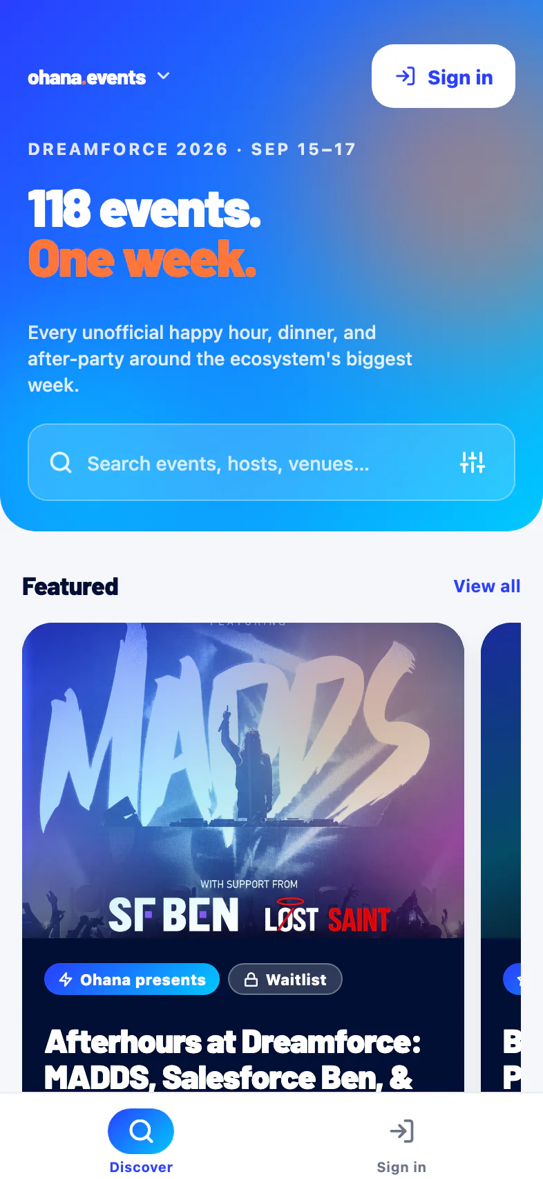 The Ohana Events app showing 118 side events for Dreamforce 2026, with a featured event at the top