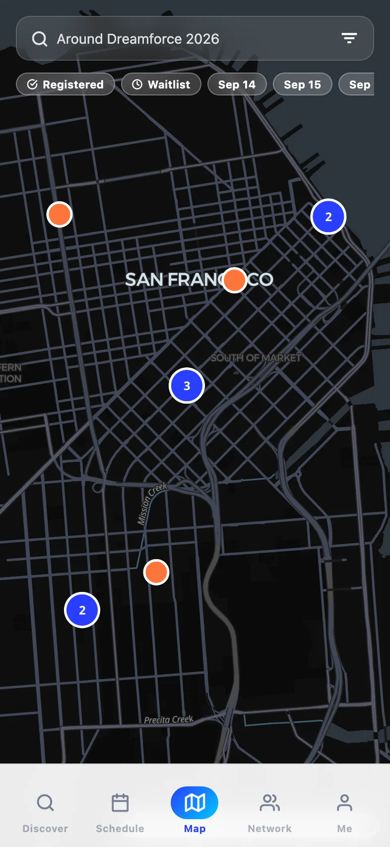 The Ohana Events map showing side events clustered across San Francisco