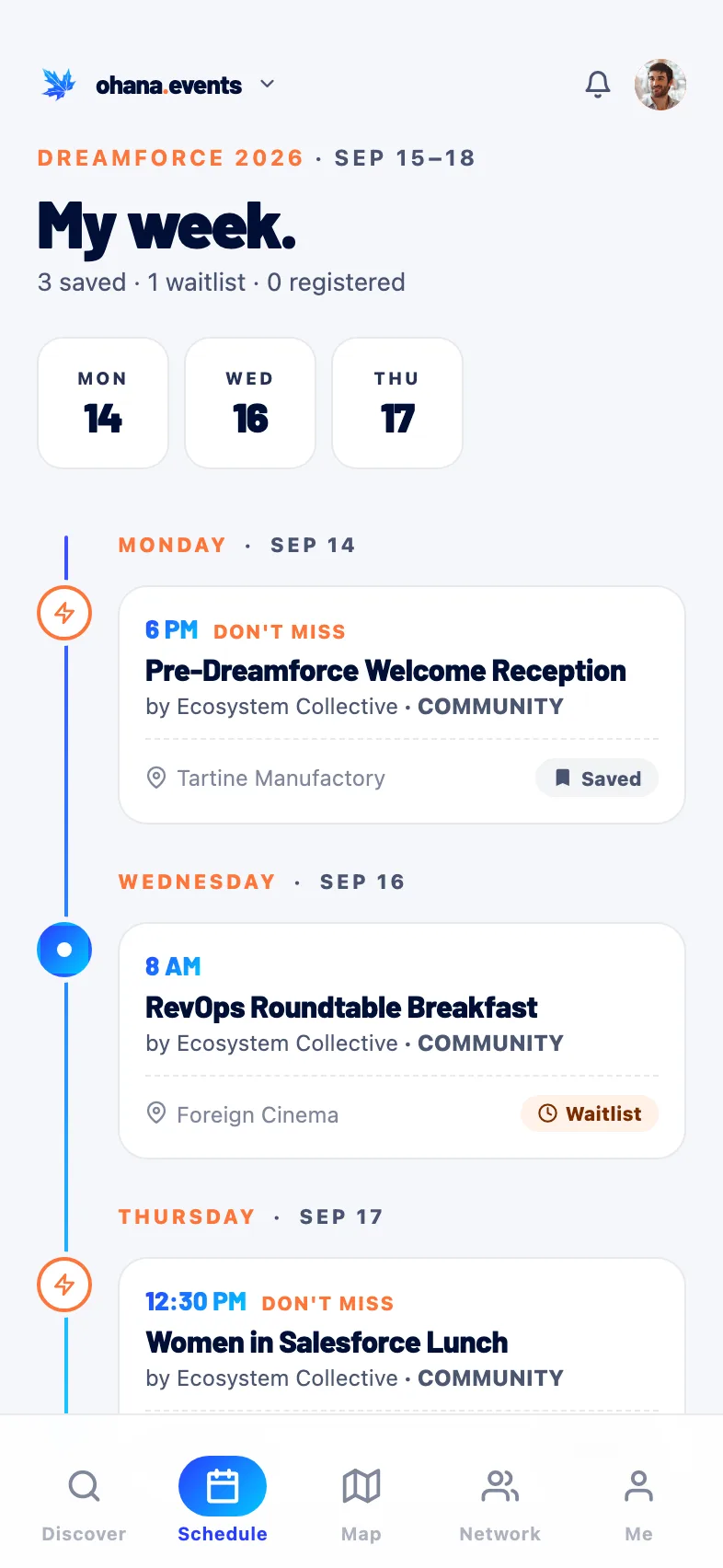 The My Week schedule in Ohana Events, a day-by-day timeline of saved and waitlisted events