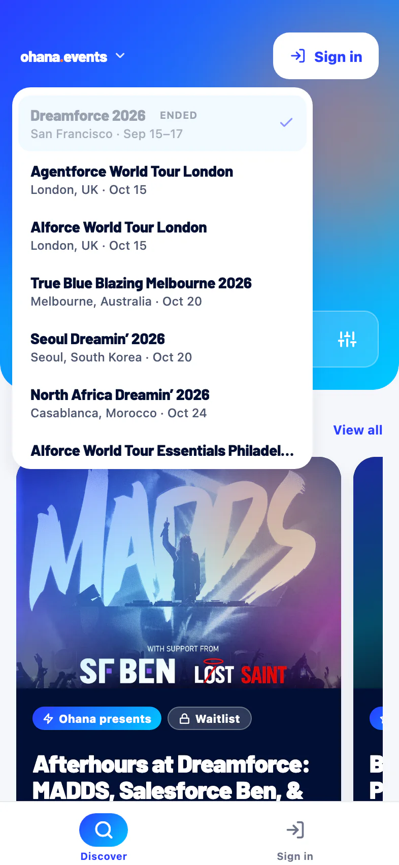 The conference switcher in the Ohana Events app, showing conferences across the circuit