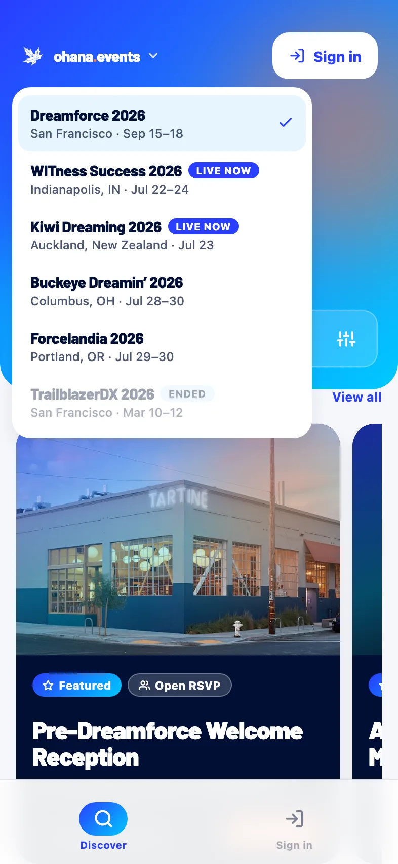 The Ohana Events conference switcher, with conferences across the circuit